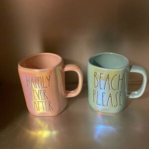 NWT Rae Dunn Happily Ever After Pink Mug and Beach Please Iridescent Mug Bundle